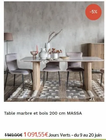 table marbre et bois 200 cm massa  -5% 