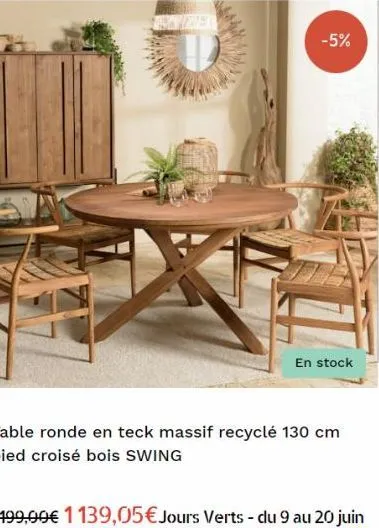 wavzven  d  -5%  en stock  table ronde en teck massif recyclé 130 cm pied croisé bois swing 