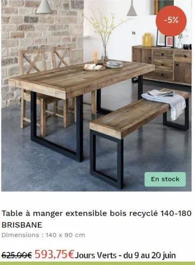 -5%  en stock  table à manger extensible bois recyclé 140-180 brisbane  dimensions : 140 x 90 cm 