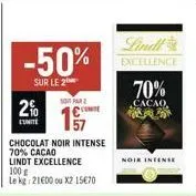-50%  sur le 2  2%  cunite  sopar 2 c  chocolat noir intense 70% cacao  lindt excellence 100g  le kg: 21600 ou x2 15€70  lindl  excellence  70%  cacao,  p  noir intense 