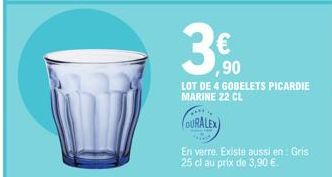 3€⁹0  LOT DE 4 GOBELETS PICARDIE  MARINE 22 CL  DURALEX  En verre. Existe aussi en: Gris 25 cl au prix de 3,90 € 