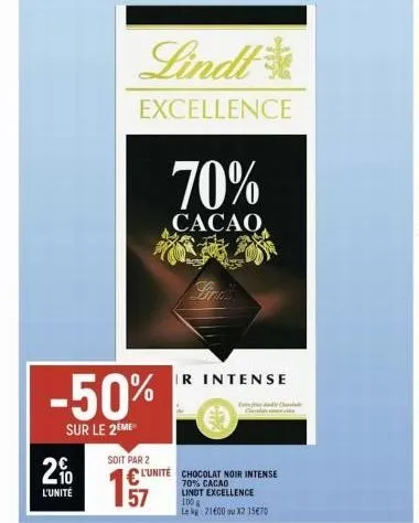 -50%  sur le 2eme  157  lindt  excellence  70%  cacao  ir intense  soit par 2  2% l'unité chocolat noir intense  l'unité  70% cacao lindt excellence 100g  le kg 21600 ou x2 15€70  cad 