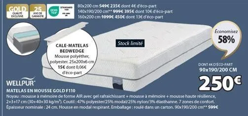 gold 25 deko  tex  qualite ans de diqueme garante  standard  cale-matelas bedwedge mousse polyéther, polyester. 25x200x6 cm/  15€ dont 0,06€ d'éco-part  stock limité  80x200 cm 549€ 235€ dont 4€ d'éco