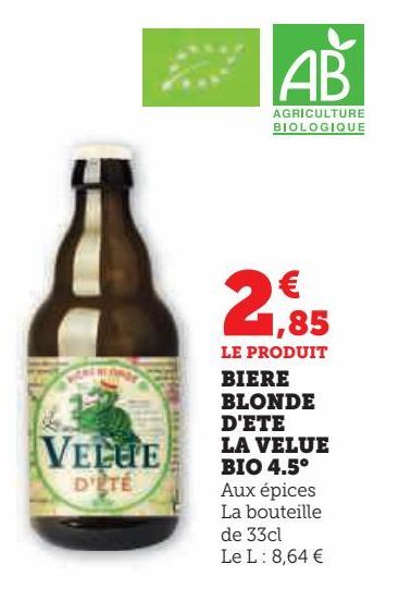 BIERE BLONDE D'ETE LA VELUE BIO 4.5°