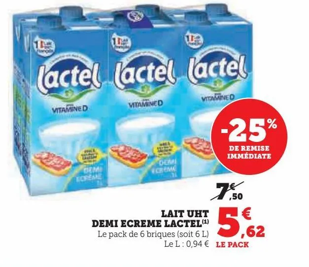 lait uht  demi ecreme lactel