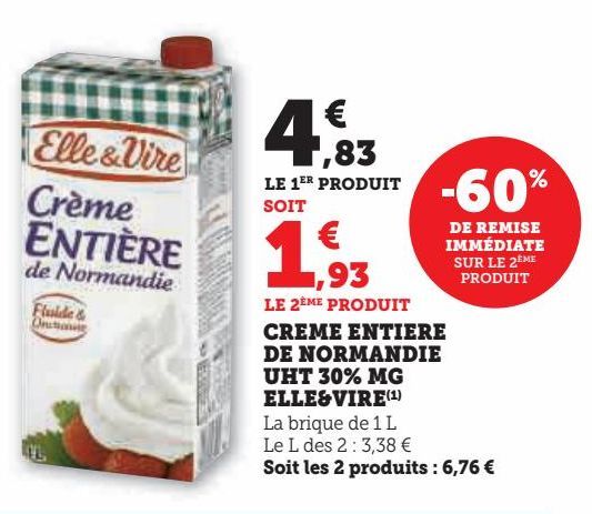 CREME ENTIERE DE NORMANDIE UHT 30% MG ELLE&VIRE