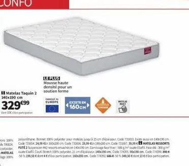 matelas taquin 2 140x190 cm  329 €99  do 10  le plus mousse haute densité pour un soutien ferme  europe  existe en  160cm  tonegue  matla boke  polyuréthane bosnet 100% polyester pour moteles jusqu'à 