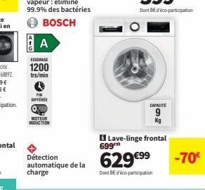 AIG  A  ESSORAGE  1200 trs/min  FIN  DIFFERE  ⒸXX  MOTEUR INDUCTION  Détection automatique de la charge  CAPACITÉ  9  Kg  6 Lave-linge frontal  699  629 €⁹9  Dont 8€ d'éco-participation  -70€ 