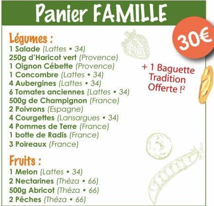 Légumes:  1 Salade (Lattes • 34) 250g d'Haricot vert (Provence)  1 Oignon Cébette (Provence)  1 Concombre (Lattes. 34)  4 Aubergines (Lattes 34)  6 Tomates anciennes (Lattes. 34) 500g de Champignon (F