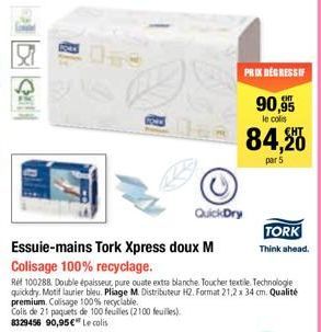 QuickDry  Essuie-mains Tork Xpress doux M Colisage 100% recyclage.  Ref 100288 Double épaisseur, pure ouate extra blanche Toucher textile. Technologie quickdry. Motif laurier bleu. Pliage M. Distribut