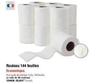 FRANCE  Rouleau 144 feuilles  Economique.  Pure ouate de cellulose, 2 pils, 144 feuilles  Le colis de 48 rouleaux  1254839 25,65€ Le colis 