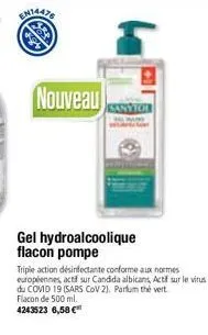 nouveau  gel hydroalcoolique flacon pompe  triple action désinfectante conforme aux normes européennes, act sur candida albicans, actif sur le virus du comid 19 (sars cov 2), parfum thé vert. flacon d