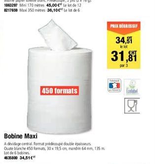 Bobine Maxi  A devidage central. Format prédécoupé double épaisseurs. Quate blanche 450 formats, 30 x 19,5 cm, mandrin 64 mm, 135 m lot de 6 bobines 46:35800 34,51€  450 formats  PRIX DEGRESSIF  34,5 