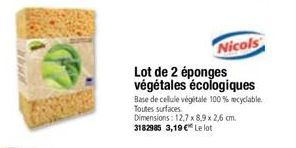 Lot de 2 éponges végétales écologiques  Base de cellule végétale 100% recyclable. Toutes surfaces  Nicols  Dimensions: 12,7 x 8,9 x 2,6 cm. 3182985 3,19 € Le lot 
