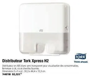 dimensions (xhxp): 30,3 x 44,4 x 10,3 cm. 7449700 82,32€*  distributeur tork xpress h2  distributeur en abs blanc semi transparent pour visualisation des consommables, fermeture à clé, vis et cheville