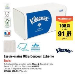 Kleenex  Airflex  Essuie-mains Ultra Douceur Extrême  Epais.  Technologie Airflex, sensation textile, Pliage Z. Equivalent 3 plis  Format 21,5 x 31,5 cm Distributeur 9436702  Colis de 15 paquets de 96