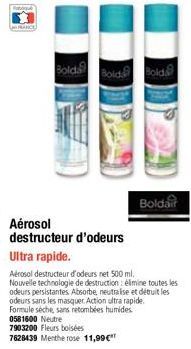 Bold Bold Bold  Aérosol destructeur d'odeurs  Ultra rapide.  Aérosol destructeur d'odeurs net 500 ml.  Nouvelle technologie de destruction: élimine toutes les odeurs persistantes. Absorbe, neutralise 