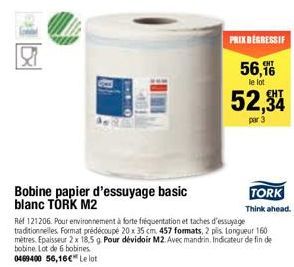 Bobine papier d'essuyage basic blanc TORK M2  PRIX DÉGRESSIF  56,16  le lot  52,34  par 3  TORK Think ahead.  Ref 121206. Pour environnement à forte fréquentation et taches d'essuyage traditionnelles.