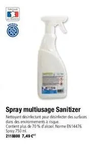 (peace  spray multiusage sanitizer  nettoyant désinfectant pour désinfecter des surfaces dans des environnements à risque contient plus de 70% d'alcool. norme en 14476 spray 750 ml.  2118800 7,49 € 