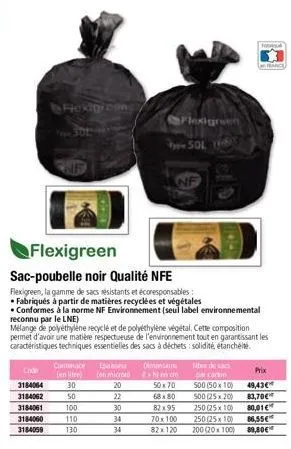 code 3184064 3184062 3184061 3184060 3184059  l...............  flexigrons  cutmace) e (en litre) (en micro 30 20 22  50  100  110  130  flexigreen  sac-poubelle noir qualité nfe  flexigreen, la gamme