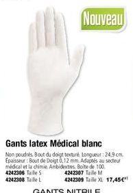 Nouveau  Gants latex Médical blanc  Non poudrés Bout du doigt texturé Longueur: 24,9 cm. Epaisseur: Bout de Doigt 0,12 mm. Adaptés au secteur médical et la chimie. Ambidextres. Boite de 100. 4242306 T