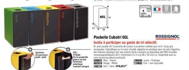 PAPIER  PLASTIQUE  Système  d'ouverture push/pull  AUTRES DÉCHETS  65L: Vidage  de la poubelle grace au bac intérieur plastique  roulant intégré  65L 76  LIVRAISON  Poubelle Cubatri 65L  Incite à part