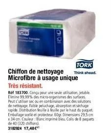 tork  chiffon de nettoyage think ahead. microfibre à usage unique très résistant.  ref 183700. conçu pour une seule utilisation, jetable elimine 99,99% des micro-organismes des surfaces. peut s'utilis