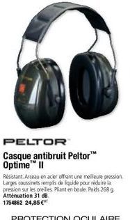 PELTOR™  Casque antibruit Peltor™ Optime™ II  Résistant. Arceau en acier offrant une meilleure pression. Larges coussinets remplis de liquide pour réduire la pression sur les oreilles. Pliant en boule