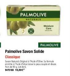 PALMOLIVE  NATURALE  Moisture  PALMOLIVE  Palmolive Savon Solide  Classique  Savon Naturals Original à Huile d'Olive. Sa formule enrichie à l'huile d'olive laisse la peau souple et douce Pain de 90 g.