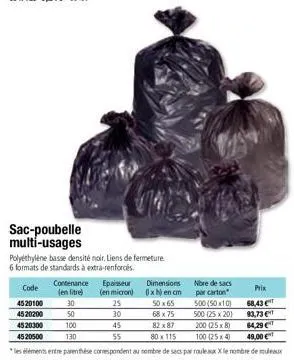sac-poubelle multi-usages  polyéthylène basse densité noir. liens de fermeture.  6 formats de standards à extra-renforcés.  nbre de sacs par carton  code 4520100 4520200  30 50  dimensions (x) en cm 5