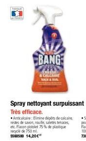 BANG  & CALCAME  Spray nettoyant surpuissant  Très efficace.  Anticalcaire: Elimine dépôts de calcaire, restes de savon, rouille, saletés tenaces, etc. Flacon pistolet 75% de plastique recyclé de 750 