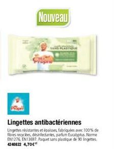 Nouveau  Lingettes antibactériennes  Lingettes résistantes et épaisses, fabriquées avec 100% de fibres recyclées, désinfectantes, parfum Eucalyptus. Norme EN1276, EN13697, Paquet sans plastique de 90 