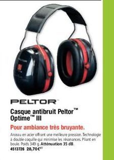 PELTOR  Casque antibruit Peltor™ Optime™ III  Pour ambiance très bruyante.  Arceau en acier offrant une meilleure pression. Technologie à double coquille qui minimise les résonances. Pliant en boule. 