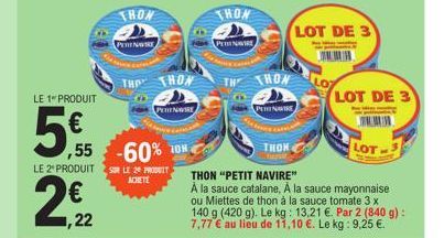 LE 1 PRODUIT  5,5  2²  ,22  THON  -60%  LE 2 PRODUIT SUR LE 29 PRODUIT  ACHETE  PEENWIRE  THE THON  PERENSE  THON  PERIN  THE THON  PERNIE  LOT DE 3  LOT DE 3  THON  THON "PETIT NAVIRE"  À la sauce ca