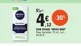 nivea men  peau sebe sonhydratant extra doux  5,89(1)  € -30%  12  soin visage "nivea men" peau sensible. 75 ml. le l: 54,93 €. 