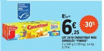 findus  peche durable msc www.g  croustibat lot.2  9314)  € -30%  ,25  lot 2x18 croustibat msc surgelés "findus" 2 x 540 g (1.08 kg). le kg: 5,79 €. 