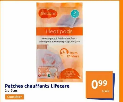 consulter  patches chauffants lifecare  2 pièces  lifecare  heat pads  warmtepads / patchs chauffants wärmepads / kompresy rozgrzewające  2  pieces  up to 12 hours  provider relaxation and heat  099  