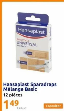 hansaplast  essentials  universal  mix pack  8 strips  4 105cm  hansaplast sparadraps mélange basic 12 pièces  149  1.49/st  