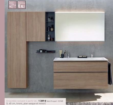 Plusieurs  Ensemble complet à partir de 1 309 € Ecopart 3,35 € IL 60 cm, tiroirs, plan vasque et miroir 