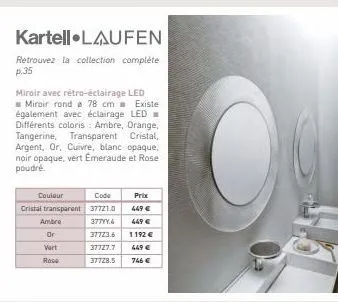 kartell laufen  retrouvez la collection complète p.35  ambra  or  vert  rose  miroir avec rétro-éclairage led miroir rond 78 cm existe également avec éclairage led différents coloris: ambre, orange, t