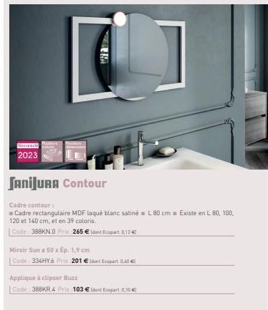 Nouveaut  2023  WEE  JaniJURA Contour  Cadre contour  Cadre rectangulaire MDF laqué blanc satiné L80 cm Existe en L 80, 100, 120 et 140 cm, et en 39 coloris.  Code 388KN.0 Prix 265 € dont Ecopart 0,12