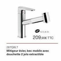 NFCA U  209,90€ TTC  287OW.7  Mitigeur évier, bec mobile avec douchette 2 jets extractible 