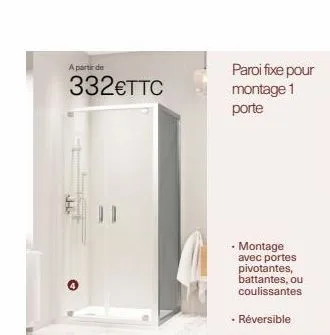 a partir de  332€ttc  paroi fixe pour montage 1 porte  • montage avec portes pivotantes, battantes, ou coulissantes  • réversible 