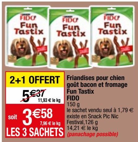 Friandises pour chien gour bacon et fromage Fun Tastix FIDO 