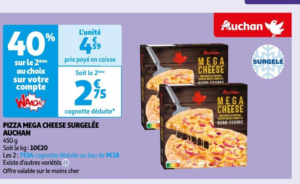 PIZZA MEGA CHEESE SURGELÉE AUCHAN