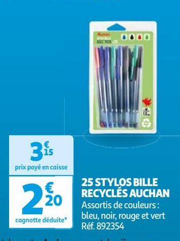 25 STYLOS BILLE RECYCLÉS AUCHAN