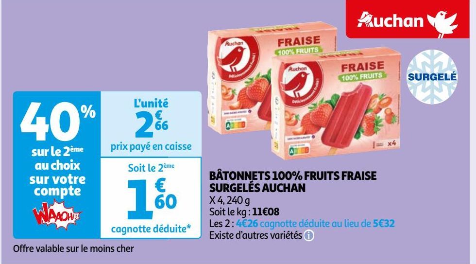 BÂTONNETS 100% FRUITS FRAISE SURGELÉS AUCHAN