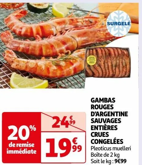 gambas rouges d'argentine sauvages entières crues congelées