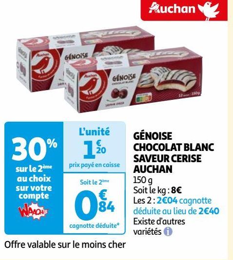 GÉNOISE CHOCOLAT BLANC SAVEUR CERISE AUCHAN