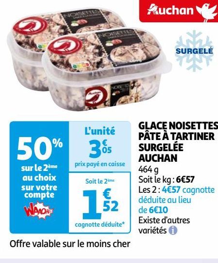 GLACE NOISETTES PÂTE À TARTINER SURGELÉE AUCHAN